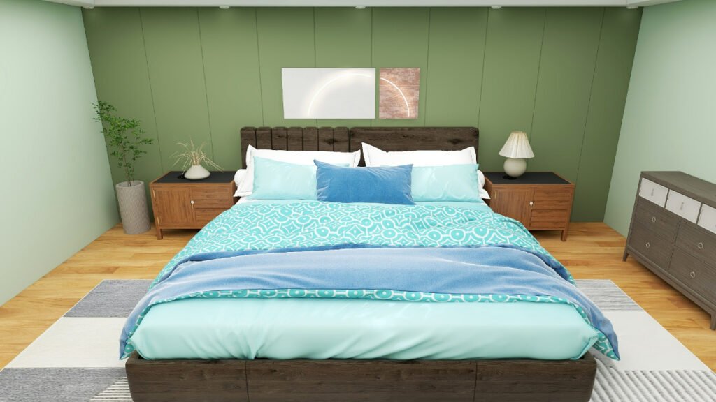 Light Blue or Azure Bedding with Sage Green Walls