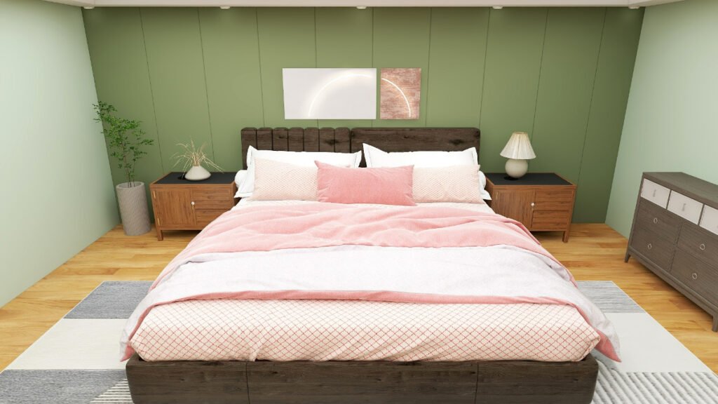 Light Pink Bedding with Sage Green Walls