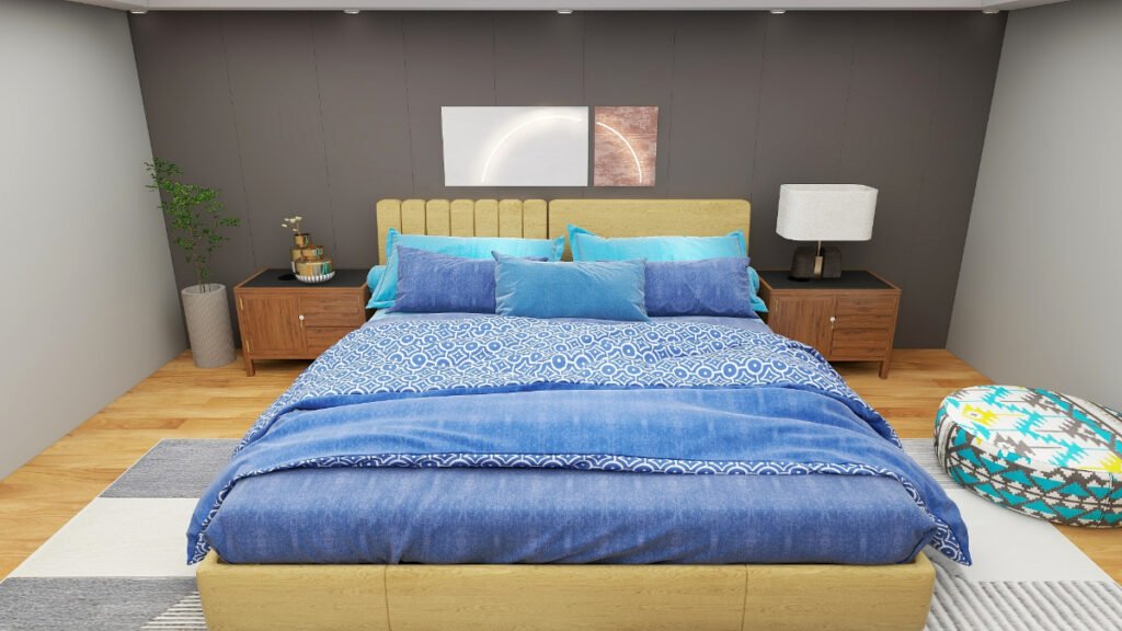Light and Dark Blue Bedding with Gray Walls