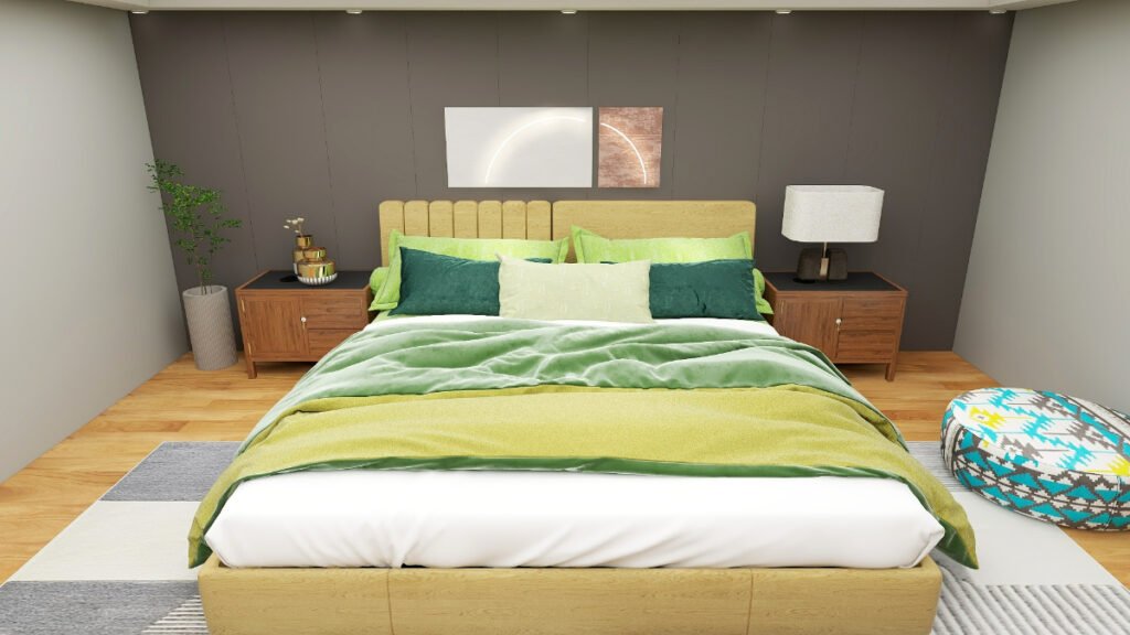 Light and Dark Green Bedding with Gray Walls