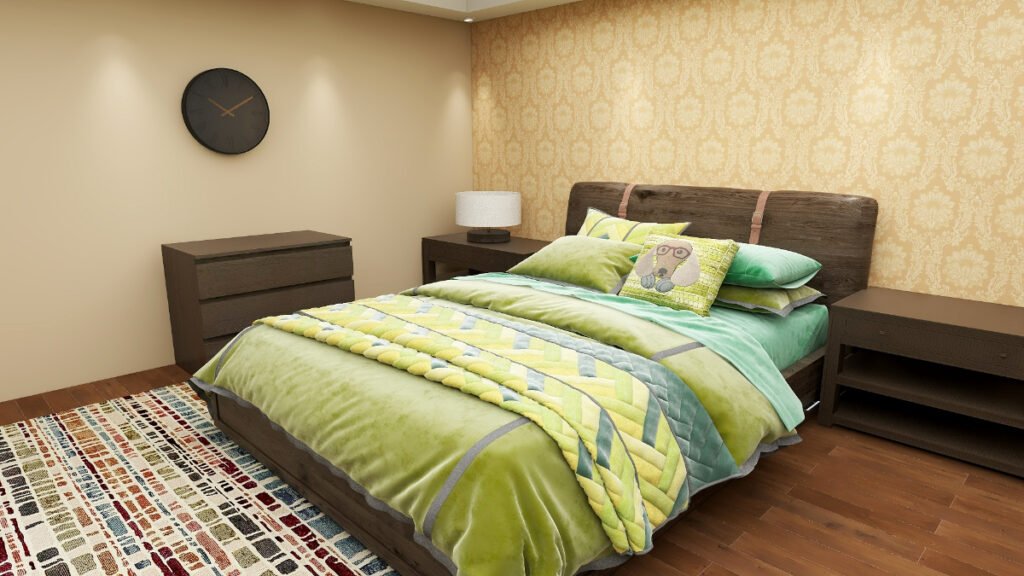 Light and Olive Green Bedding with Light Beige Walls