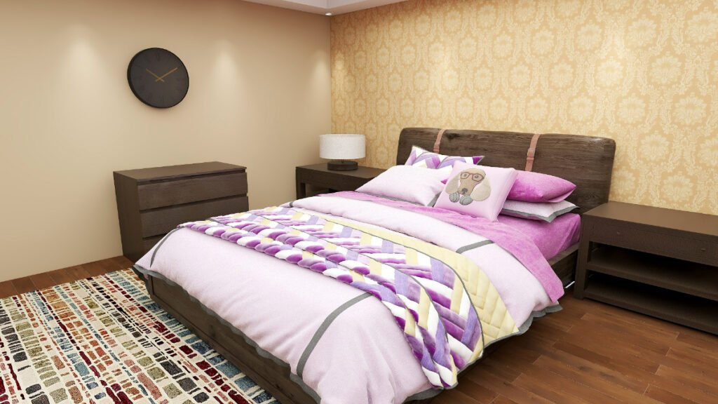 Lilac Bedding with Light Beige Walls