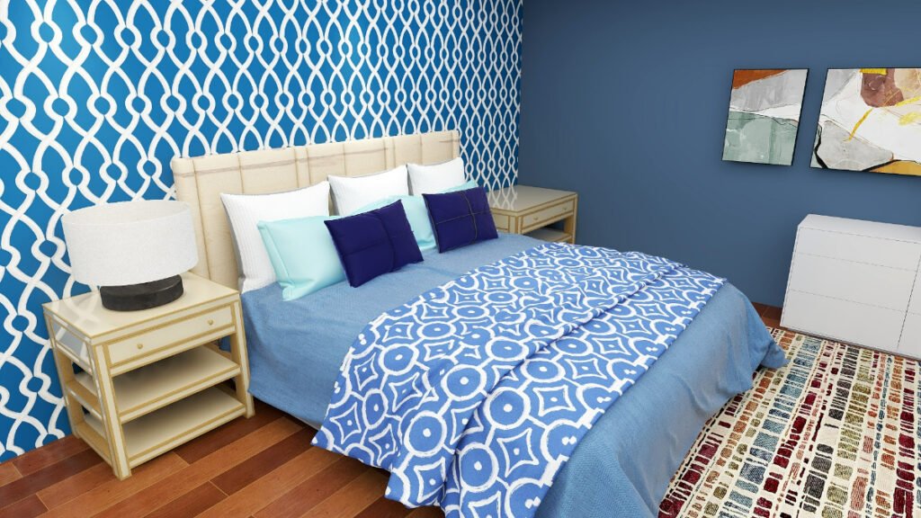 Matching Blue Bedding with Patterned Blue Walls