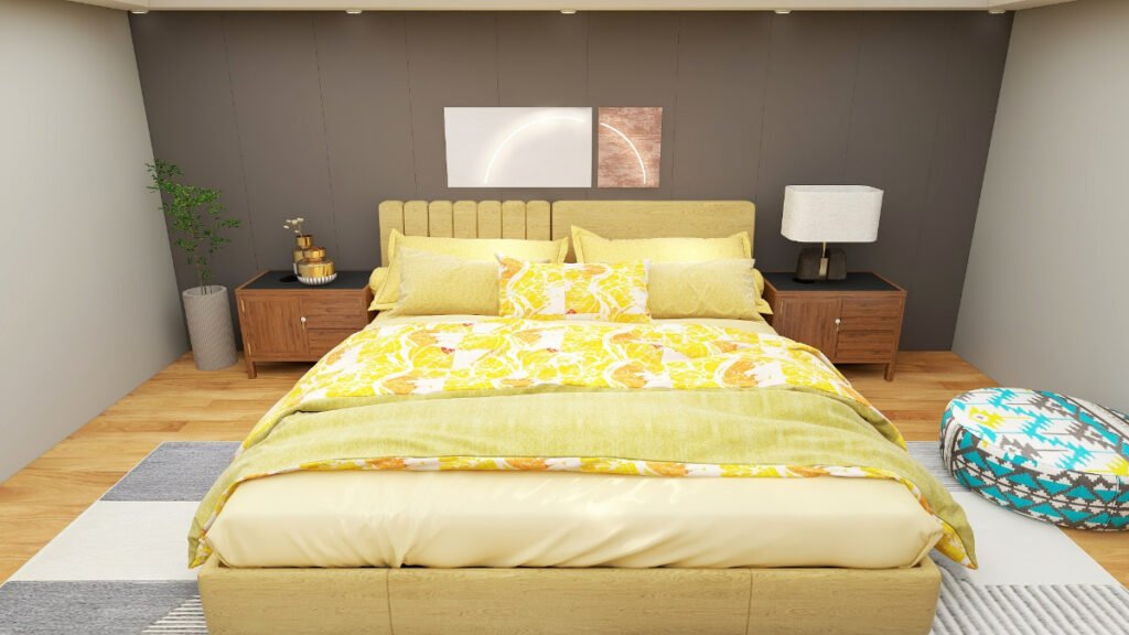 Muted Yellow Bedding with Gray Walls