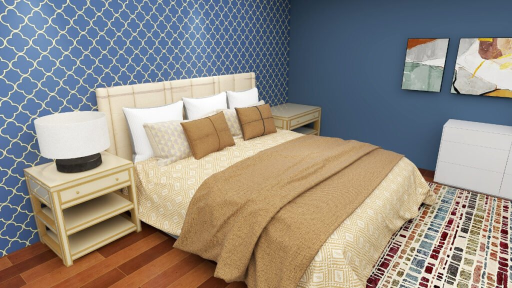 Neutral Beige Bedding with Gray Blue Walls