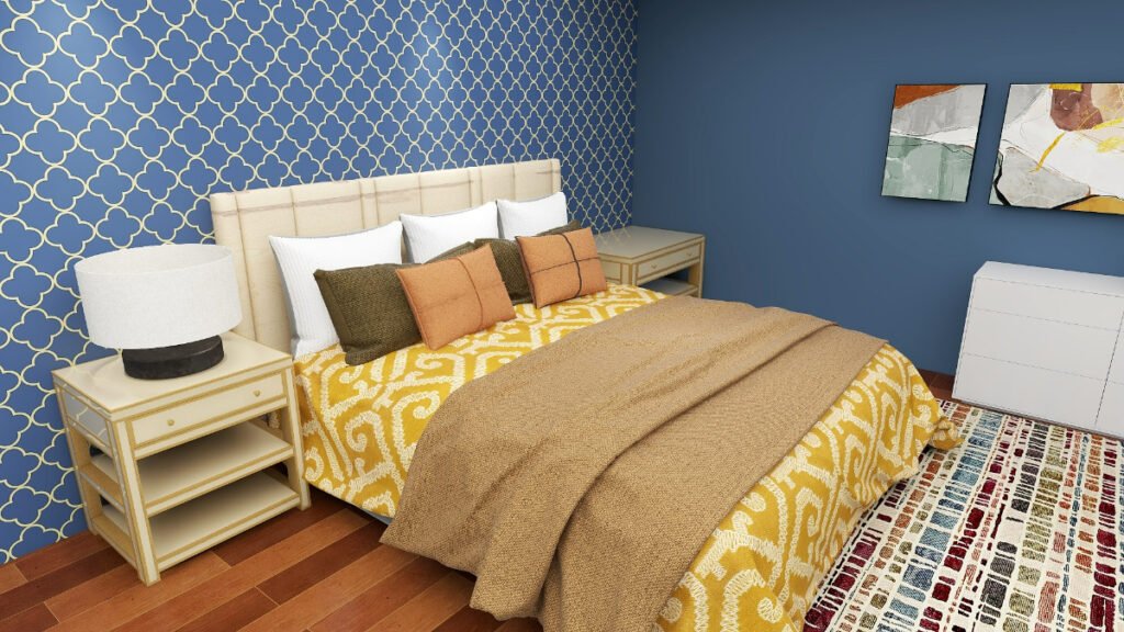 Neutral Tan Bedding with Bright Blue Walls