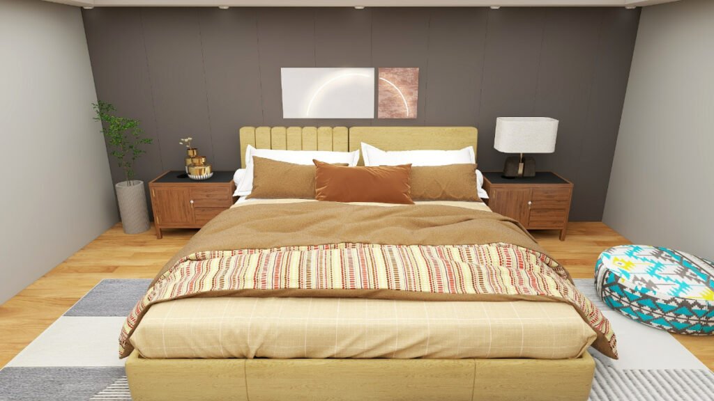 Neutral Tan and Beige Bedding with Gray Walls