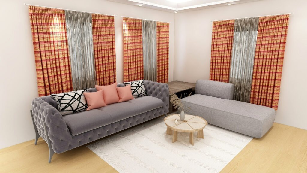 Orange Striped Curtains with a Gray Couch