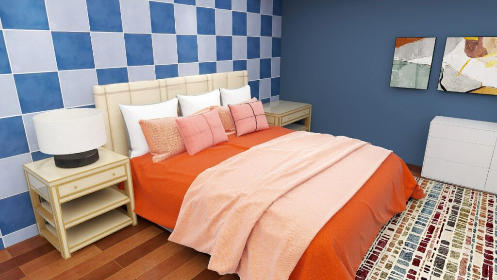 Orange and Rust Bedding with Bright Blue Walls