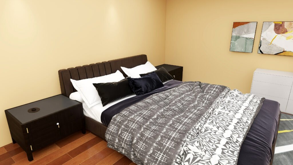Patterned Black Bedding with Tan Walls