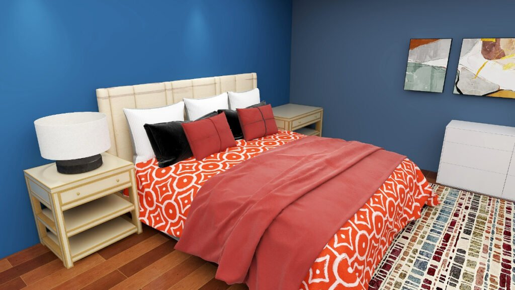 Patterned Red Bedding with Blue Walls