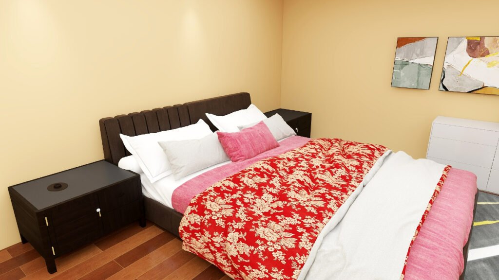 Patterned Red Bedding with Tan Walls