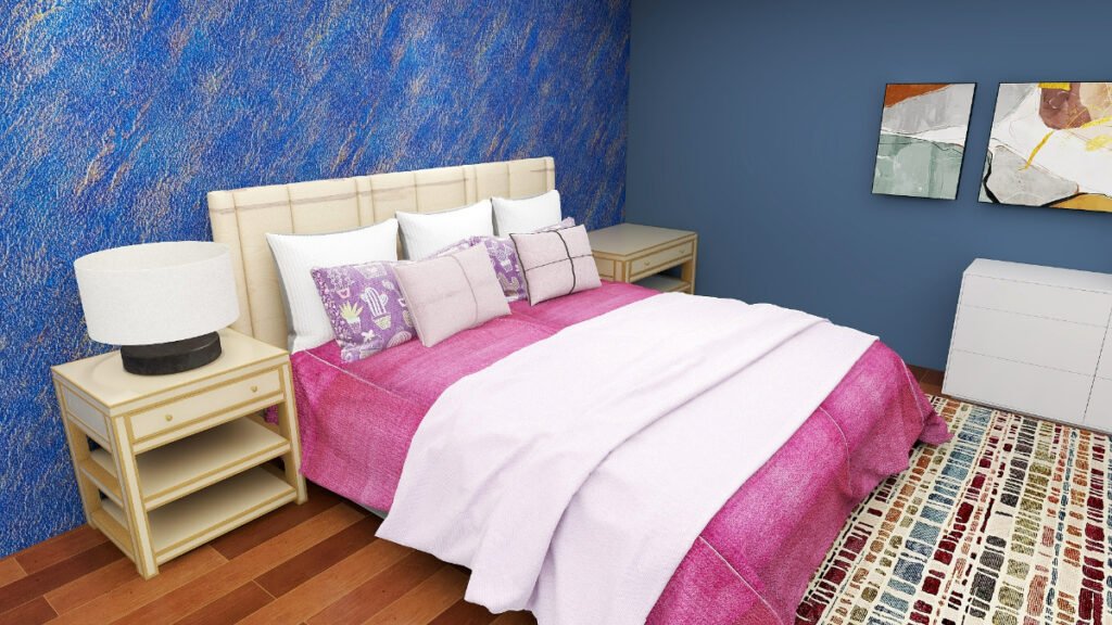 Plum Bedding with Bright Blue Walls