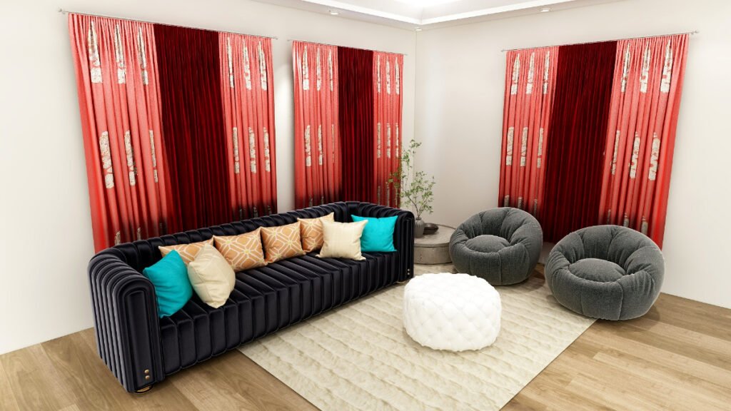 Scarlet Red Curtains with Black Couch