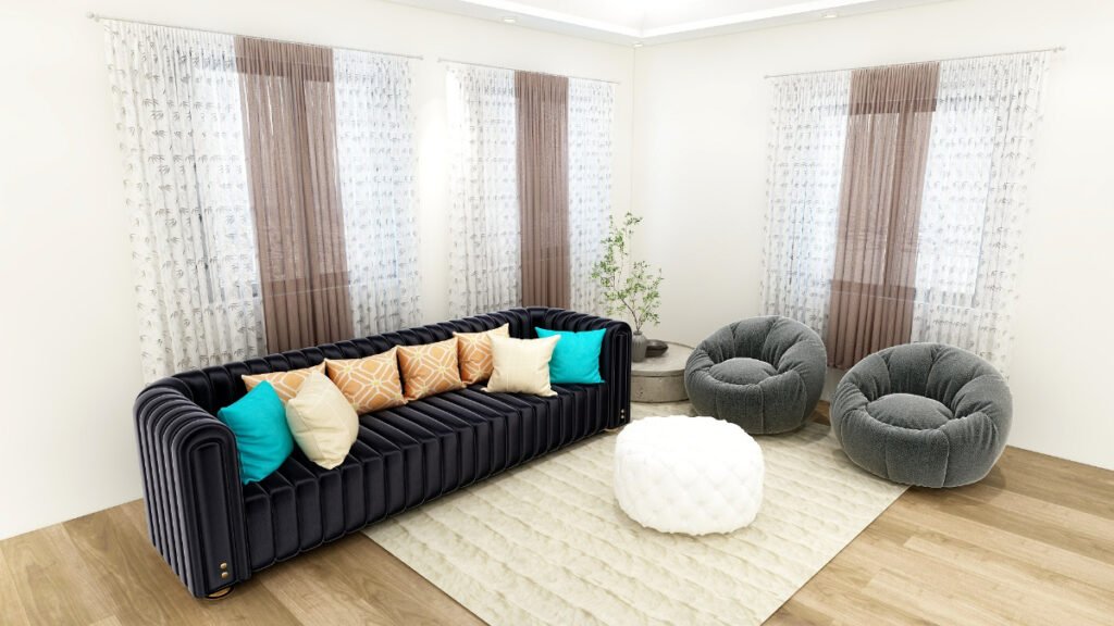 Sheer Curtains with a Black Colored Sofa