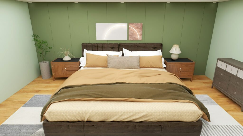 Solid Beige Bedding with Sage Green Walls