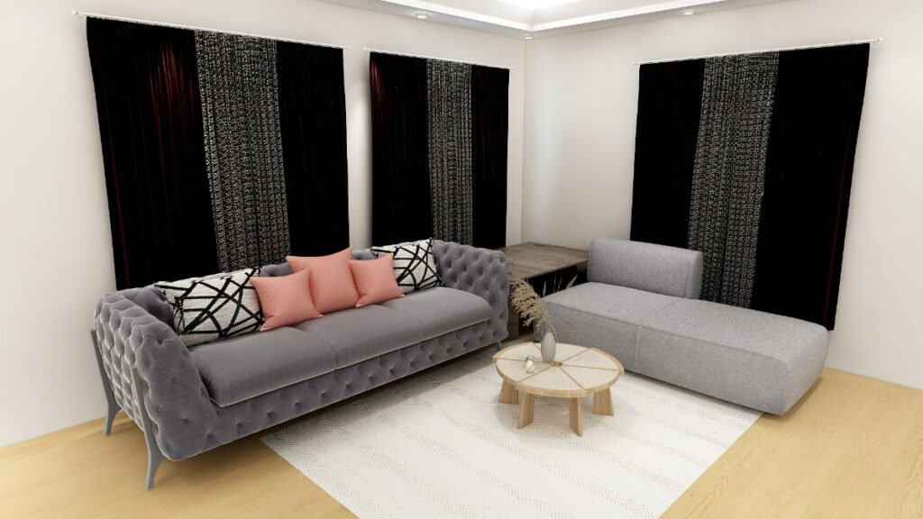 Solid Black Curtains with a Gray Couch