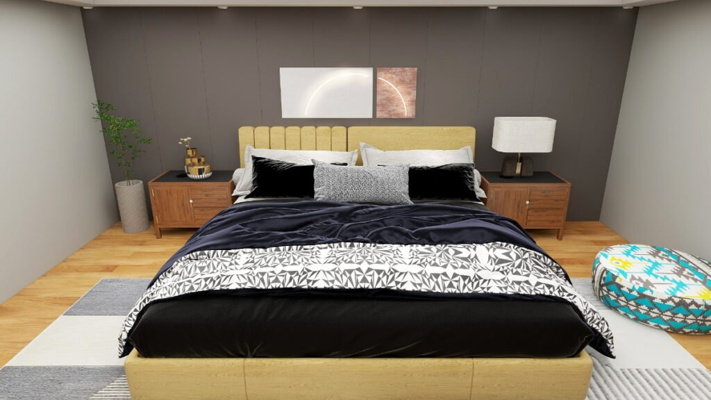 Solid and Patterned Black Bedding with Gray Walls