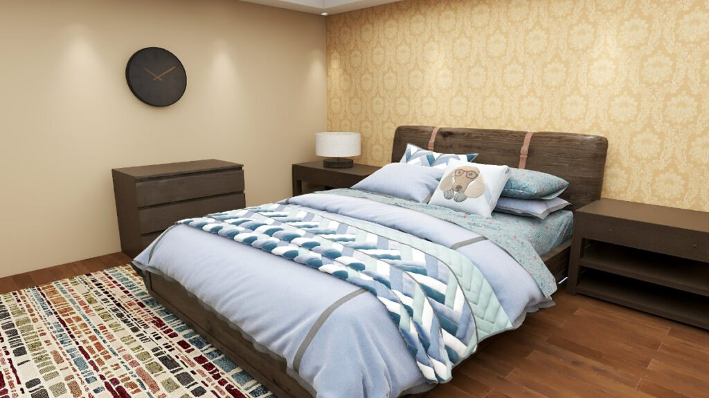 Stone Blue Bedding with Light Beige Walls