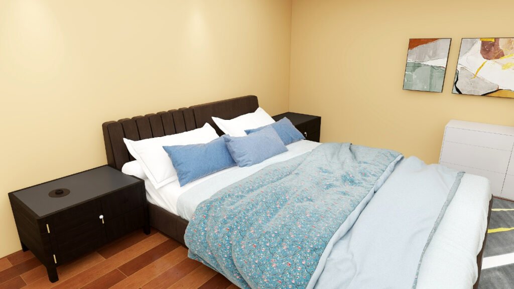 Stone Blue Bedding with Tan Walls
