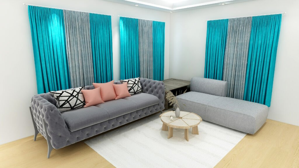 Teal Curtains with a Gray Sofa