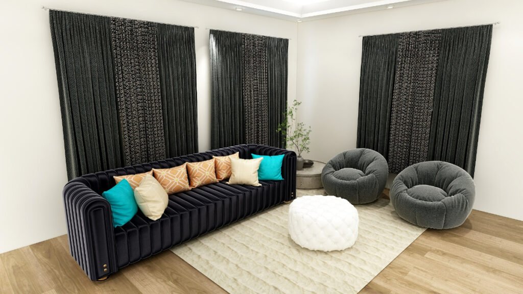 Textured Black Curtains with Black Sofa