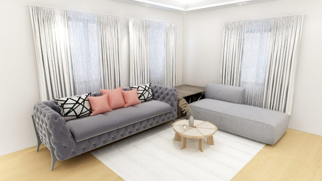 White & Sheer Curtains with a Gray Couch