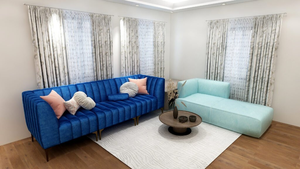 White and Sheer Curtains for Blue Couch