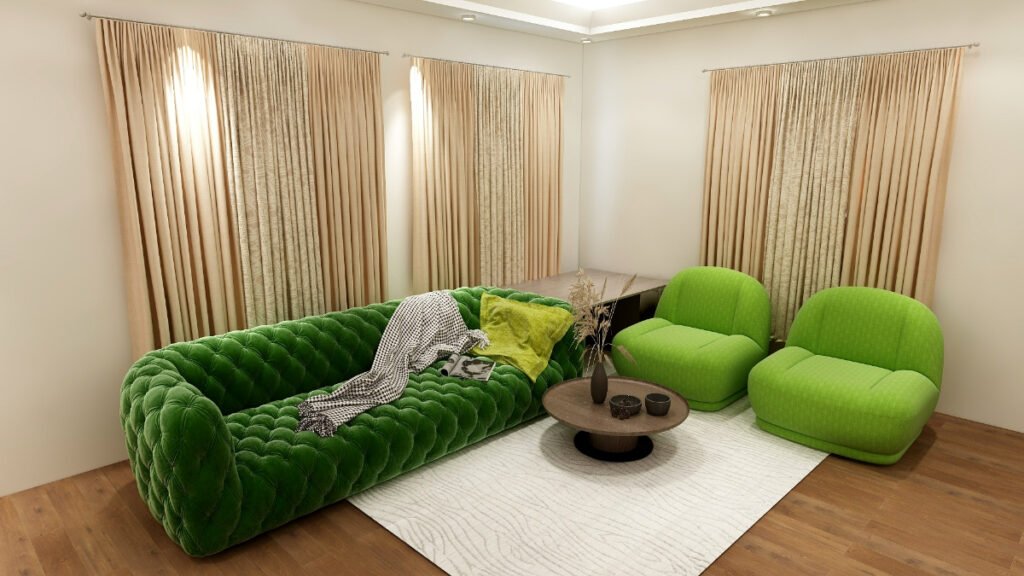 Beige Curtains with a Green Couch