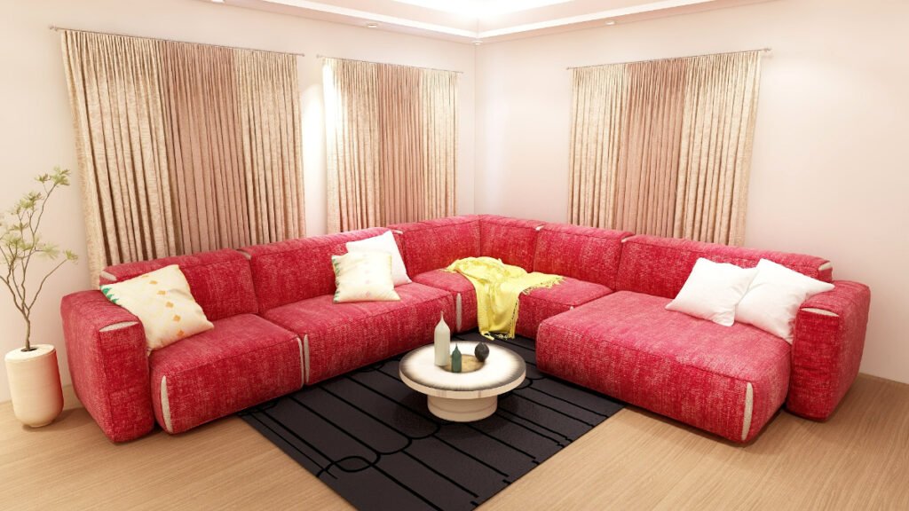 Beige Curtains with a Red Couch