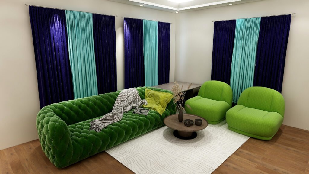 Blue Curtains with a Green Sofa