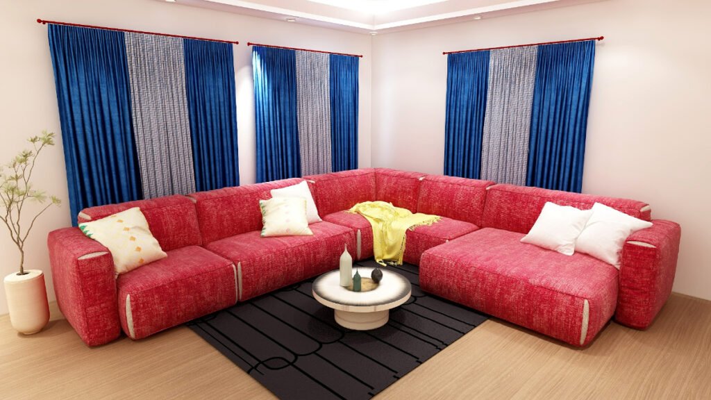 Blue Curtains with a Red Couch