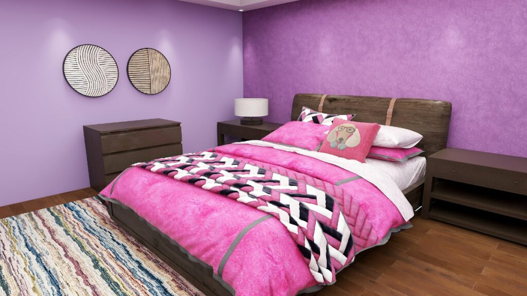 Bold Pink Color Bedding for Purple Walls