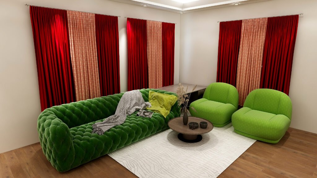 Bright Red Curtains against a Green Sofa