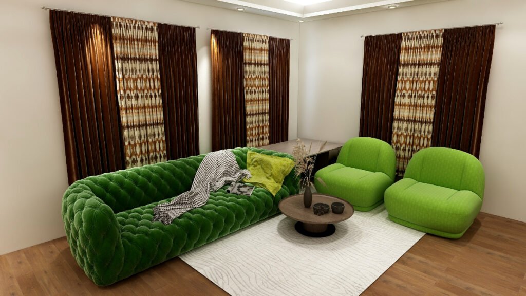 Brown Colored Curtains for a Green Sofa