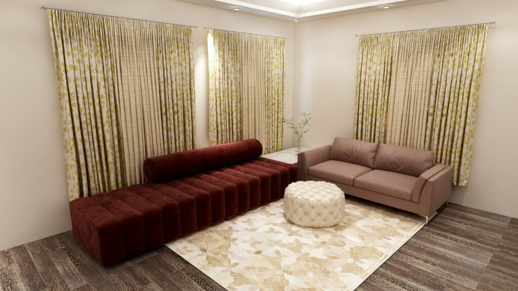 Cream colored Curtains with a Brown Sofa
