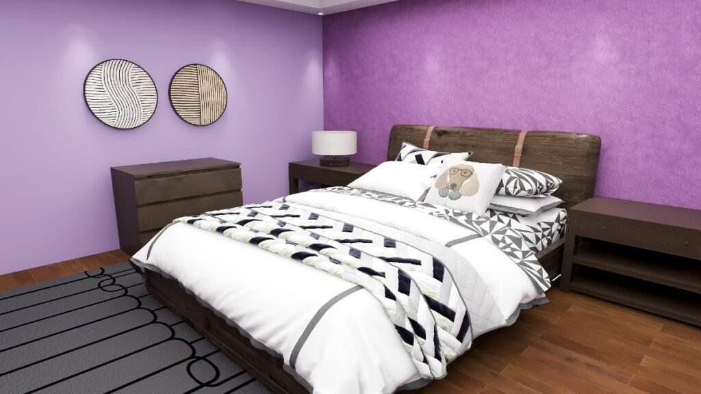 Crisp White Bedding with Purple Walls