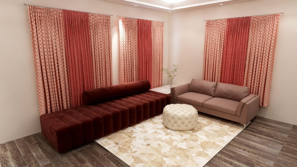 Dusty Pink Curtains with a Brown Couch