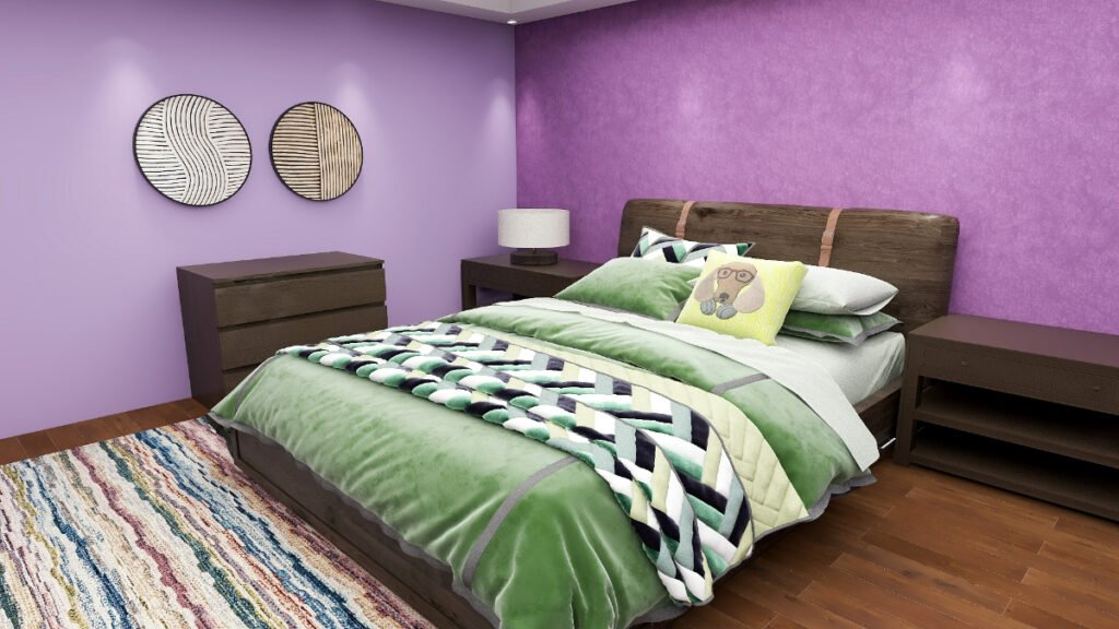 Green Bedding with Light Purple Walls