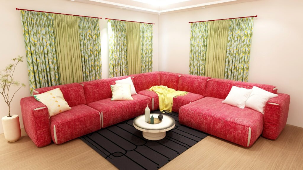 Green Curtains with a Bright Red Sofa