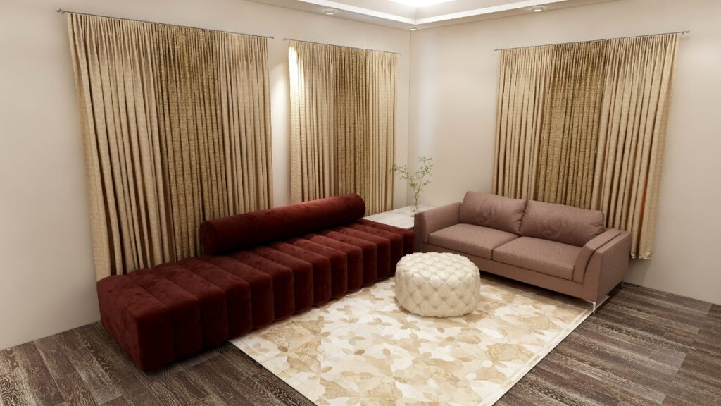 Light Beige Curtains Against Brown Sofas
