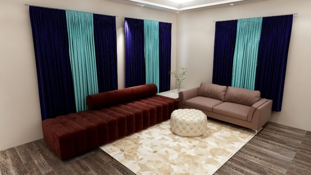 Light and Dark Blue Curtains with a Brown Sofa
