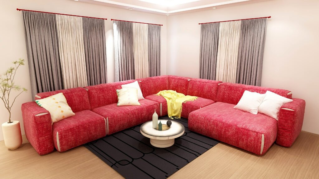 Neutral Gray Curtains Against a Red Sofa
