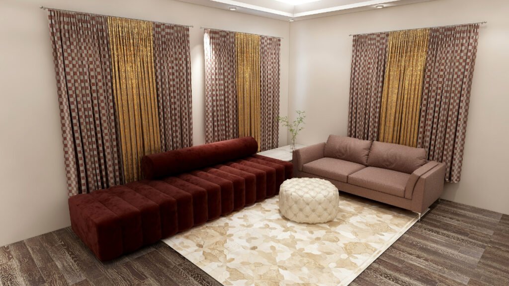 Patterned Curtains with a Brown Sofa