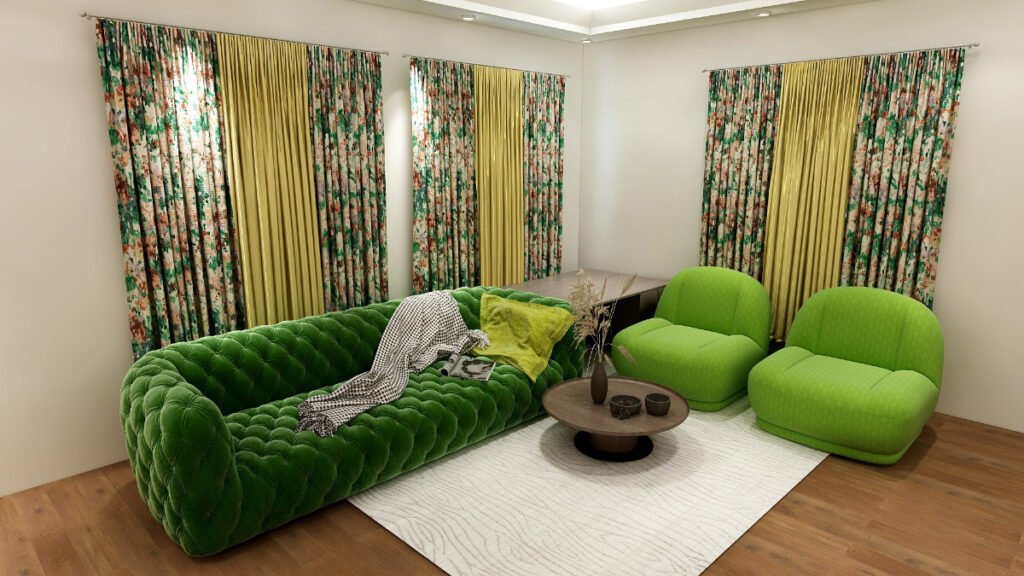 Patterned Curtains with a Green Couch