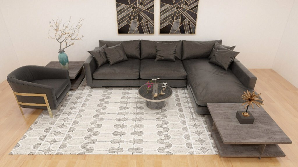 Patterned White Rug with Black Furniture
