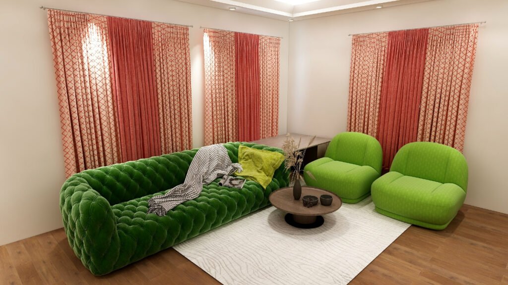 Pink Curtains with a Green Couch