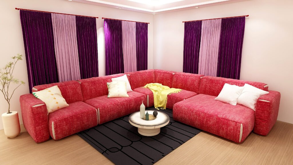 Purple Curtains with a Red Couch