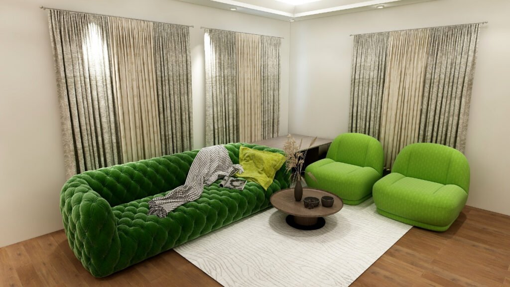 Warm Gray Curtains with a Bright Green Couch