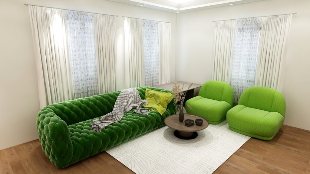 White Curtains with a Green Couch